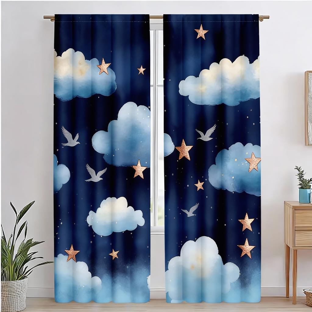 2 Pezzi Tende Oscuranti Stile Classico, Cielo Notturno Acquerello Blu Scuro con Stelle, Tende in Poliestere per Camera da Letto Bambini Bagno