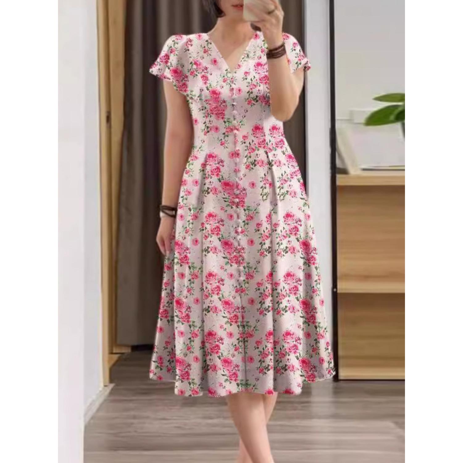 

2025 Новый тренд утягивающего платья с талией, свободное удобное платье, женская мода, элегантное платье, весна-лето, принт L красный