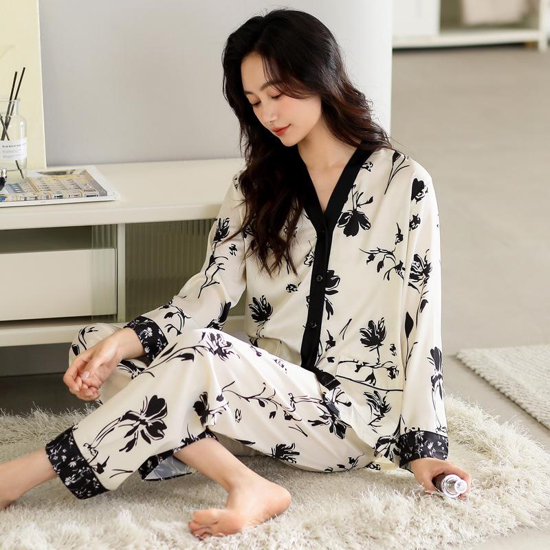 Pajamas Ladies Summer Silk Ice Silk Long Sleeve Homewear Simulation Silk Spring and Autumn Thin Skinny Suit