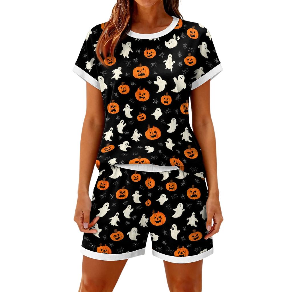 Women's Halloween Color-Block Print Casual 2-Piece Set - Holiday Themed Top and Pants for Women - Fun Cute Great for Parties