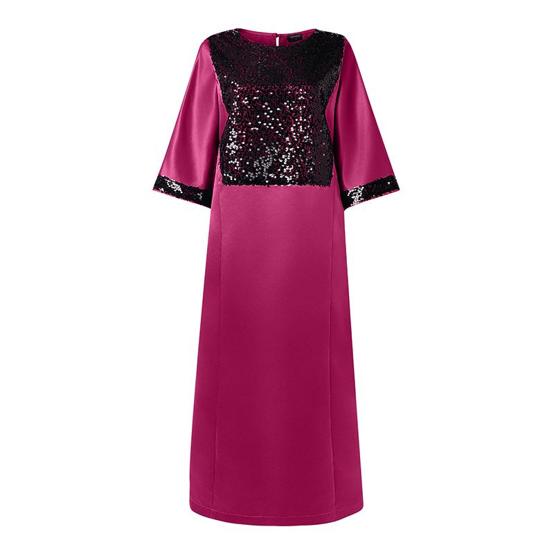 Dámské maxi šaty plus size s výstřihem do V, netopýřími rukávy, flitrovou patchworkovou aplikací, ležérního volného střihu