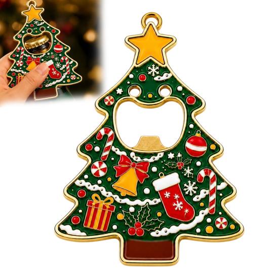 Holiday Party Gift for Friends Christmas Tree Bottle Opener, Metal Beer Cap Opener with Magnet Solid Fridge Sticker, Festive Kitchen Decor,