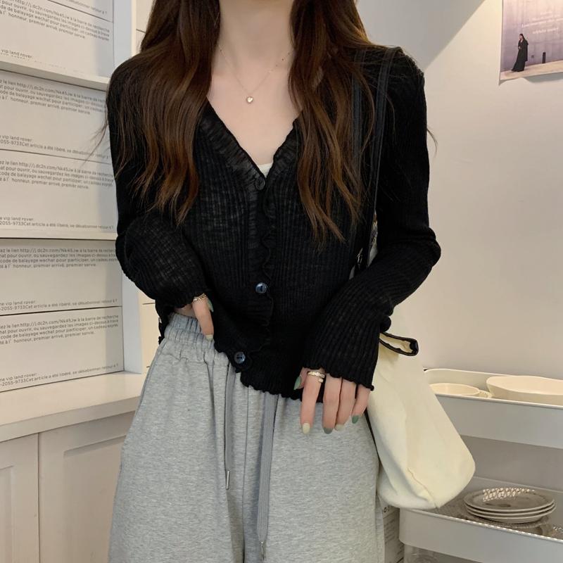 

Деревянные уши с V-образным вырезом, тонкий солнцезащитный вязаный кардиган с длинными рукавами и женский модный топ. onesize чёрный