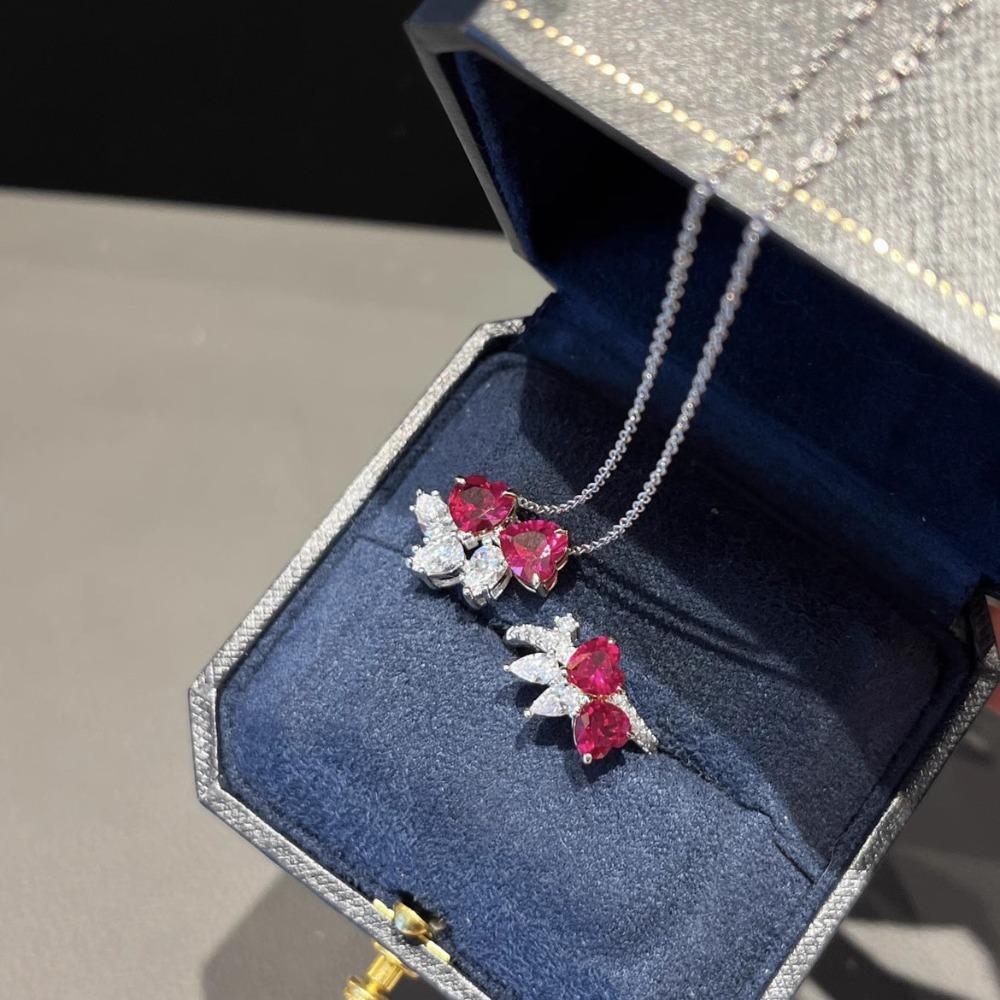 Women Jewelry Set Heart Shaped Ruby Diamond Earrings Red Corundum Ring Love Necklace Gift for Her