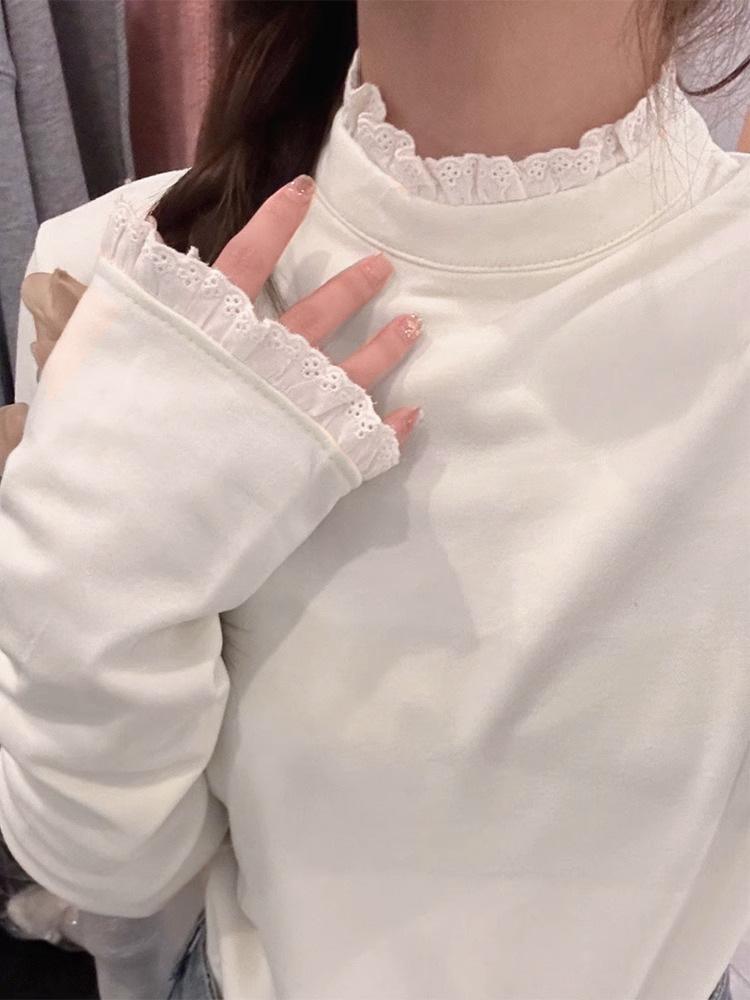 

Женский базовый слой с полувысоким воротом и кружевной отделкой: Теплый топ с длинным рукавом и облегающего кроя для осени/зимы. L белый