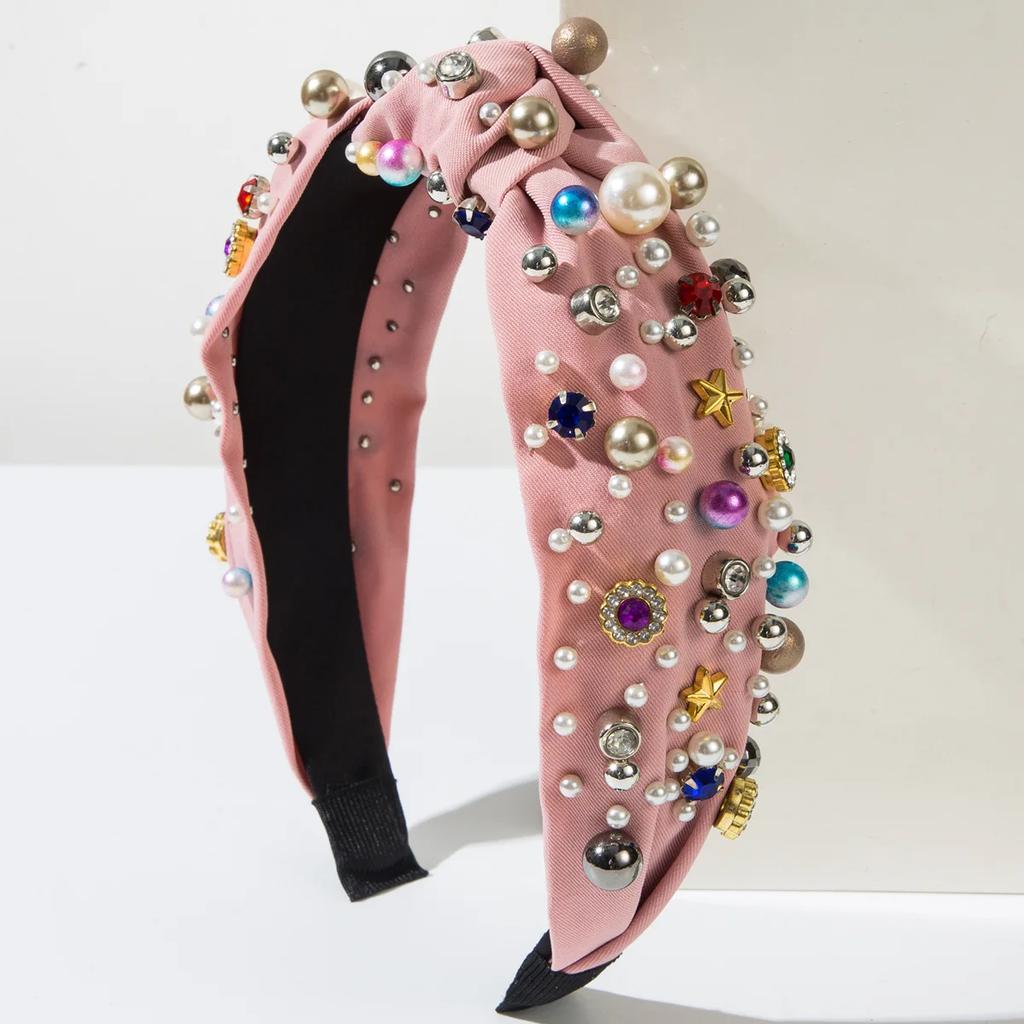 European and American Fabric Knotting Heavy Industry Nails Pearl Color High-quality Headband Versatile Hair Accessories