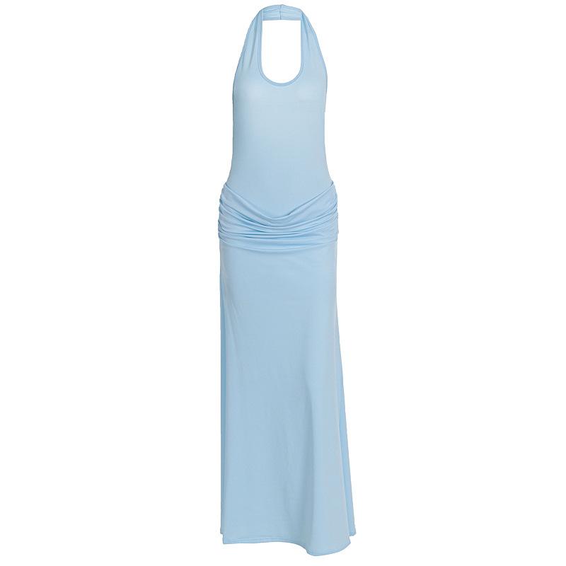 European and American Women's Clothing, New Summer Products, Sexy Neck-hanging U-neck Backless Skirt, Pleated Design Texture Dress