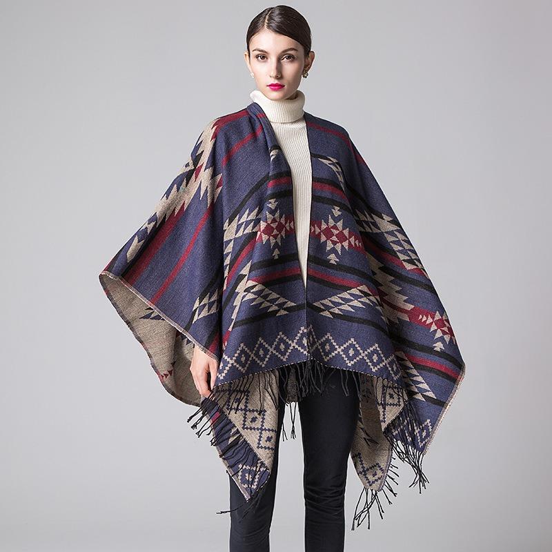 Geometric rhombus tassel lengthened and thickened imitation cashmere autumn and winter travel split shawl cape
