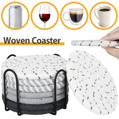 8Pcs Cotton Woven Coaster Set with Holder for Drinks Beer Coffee Handheld Woven Absorbent Pad Tabletop Protector for Home Decor