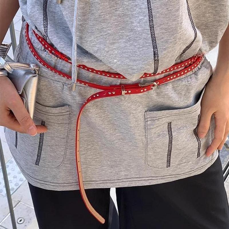 Y2K Punk Rivet Leather Double Thin Belt Women Men Pu Black White Waist Strap Trendy Waistband Jeans Skirt Decoration