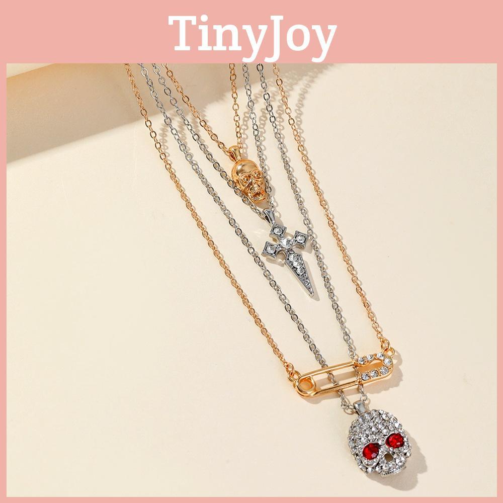 Halloween Skeleton Pendant Necklace With Water Diamond And Multilayer Water Wave Chain For Ladies