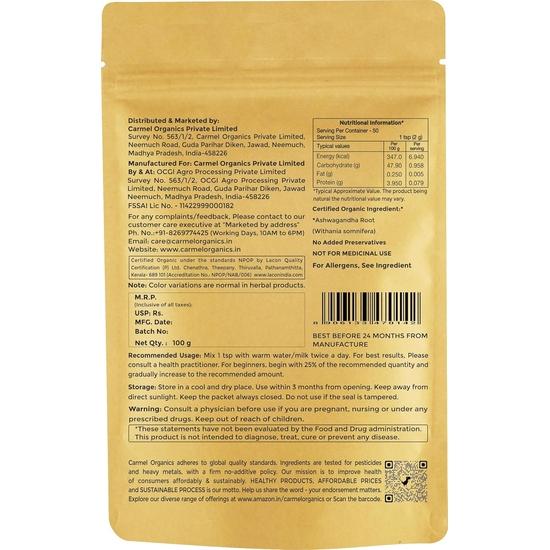 CARMEL ORGANICS Ashwagandha Root Powder, 100 Grams, Jaivik Bharat Certified, Pure Natural |  Ashwagandha Podi/Amukkara Kizhangu/Asvagandha Churna