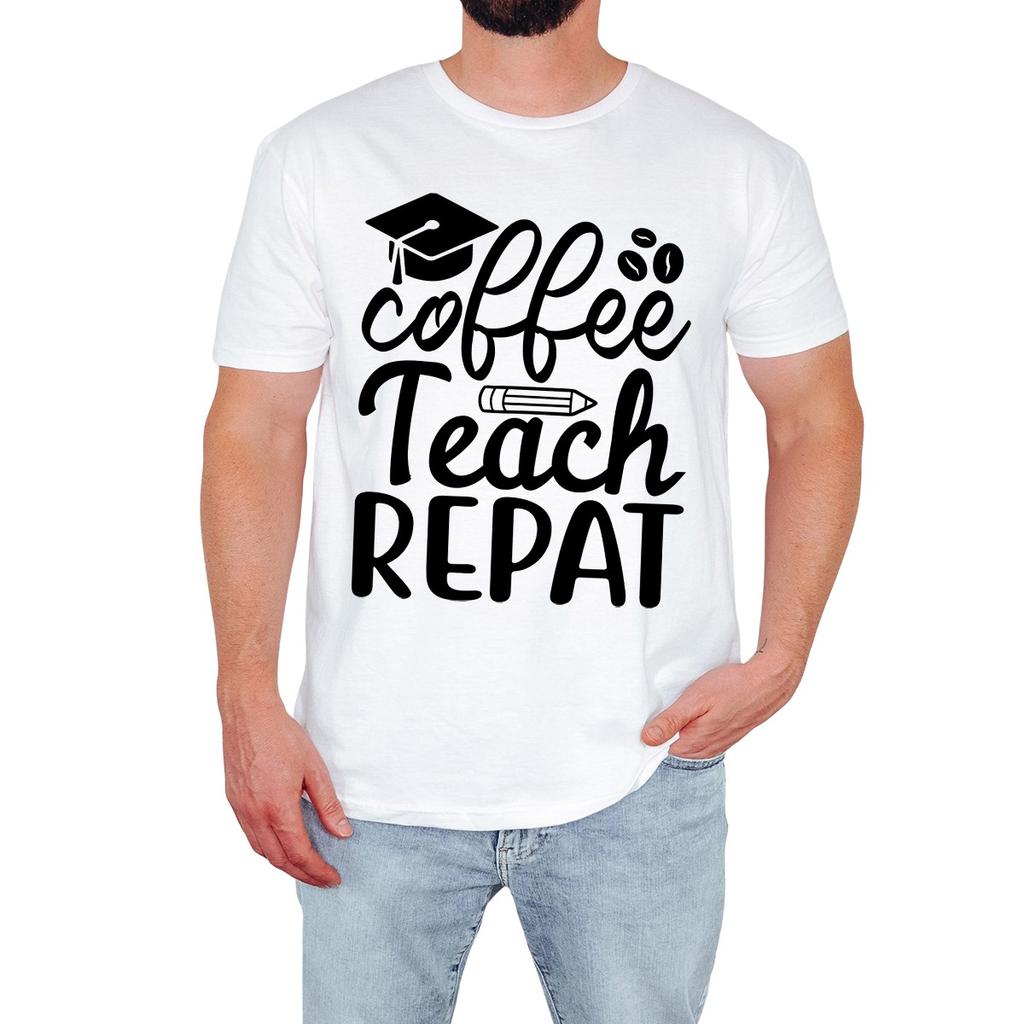 Funny Coffee Teach Repeat Mens T-Shirt Retro Summer Coffee Lover Gift
