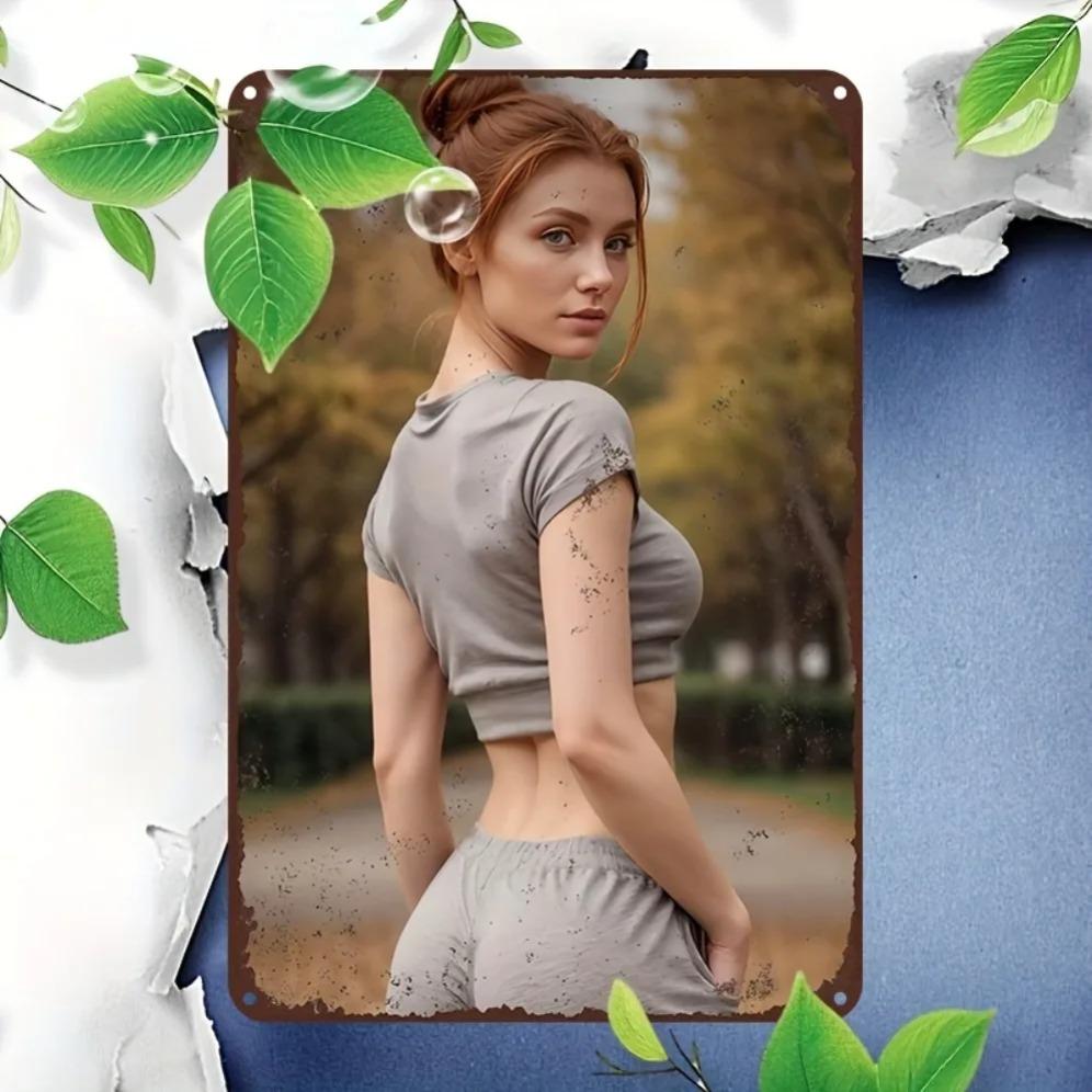 Vintage Retro Gray T-Shirt Style Metal Tin Sign 8x12 Inch Red-Haired Lady Country Wall Art for Home Office Decor