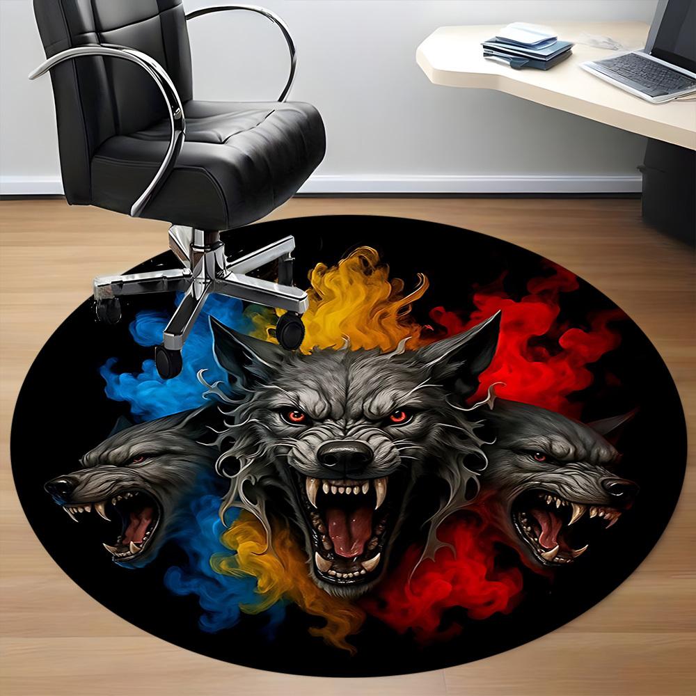 1pc Wolf Head Chair Carpet for Office, Round Polyester Mat, Indoor Decor for Office, Easycare Fabric, Washable Non-slip Area Carpet