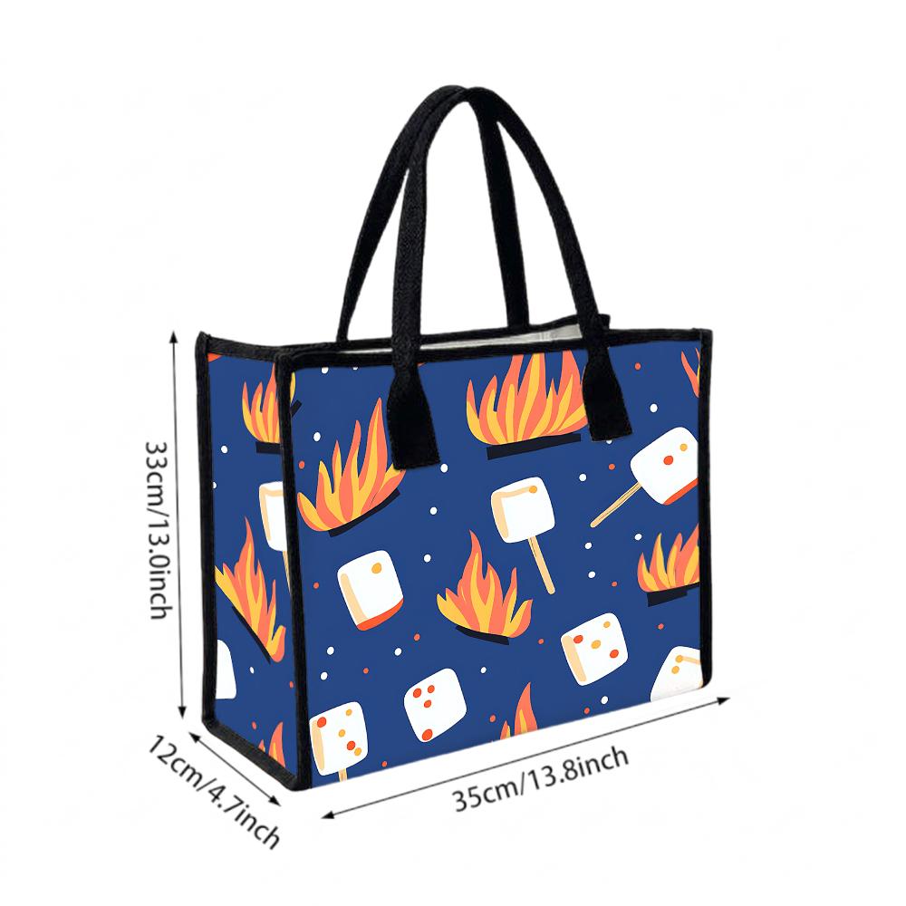 Cute Camping Print Canvas Tote Bag Large Capacity Portable Daily Handbag for Outdoor Shopping Travel Use