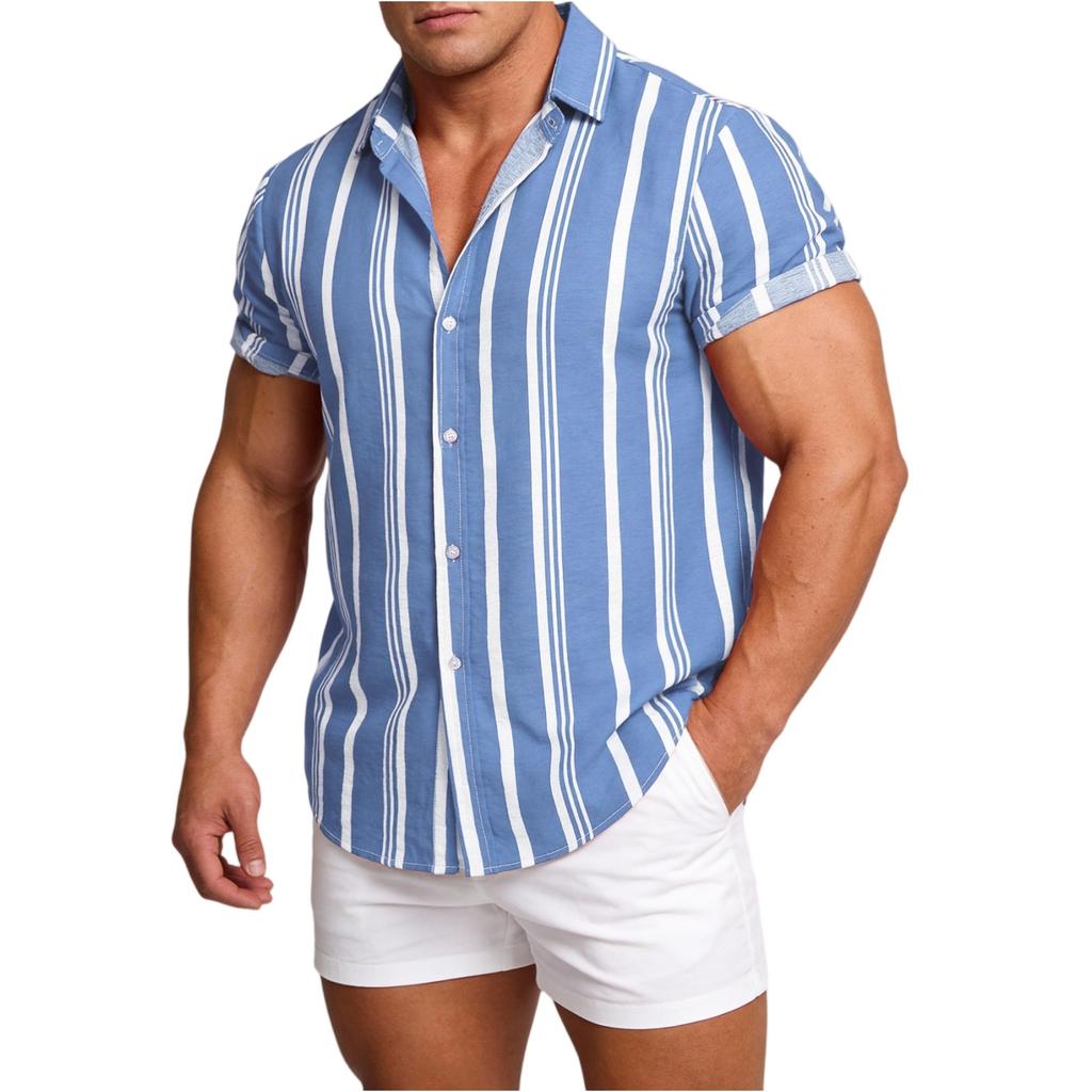 Men's Casual Short Sleeve Button Down Shirt Lightweight Breathable Striped Polo Collar Shirt Suitable for Vacation and Sports Wear