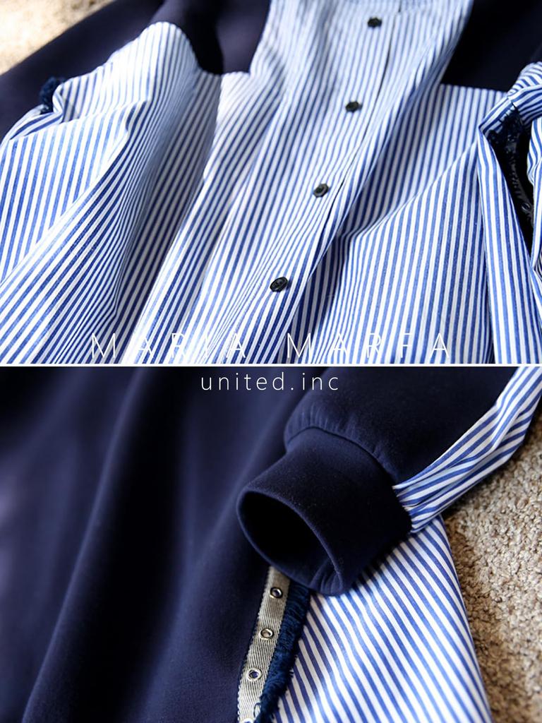 Maria Marfa Switch Sweatshirt Pullover Light No Long Navy Loose Everyday Korean Docking Mixed-Material Blouse, Striped, Spring/Summer, Stylish, Cool,