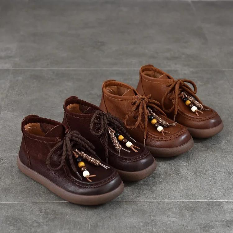 Johnature Genuine Leather Round Toe Lace-up Flat Ankle Boots Casual Versatile Women's Shoes