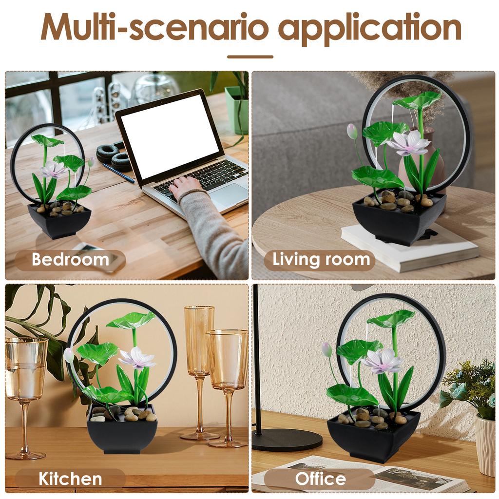 Water Lily Tabletop Fountain With Natural Stone USB Charging Desk Fountain With Built In Pump 3 Tiers Green Leaf Waterfall