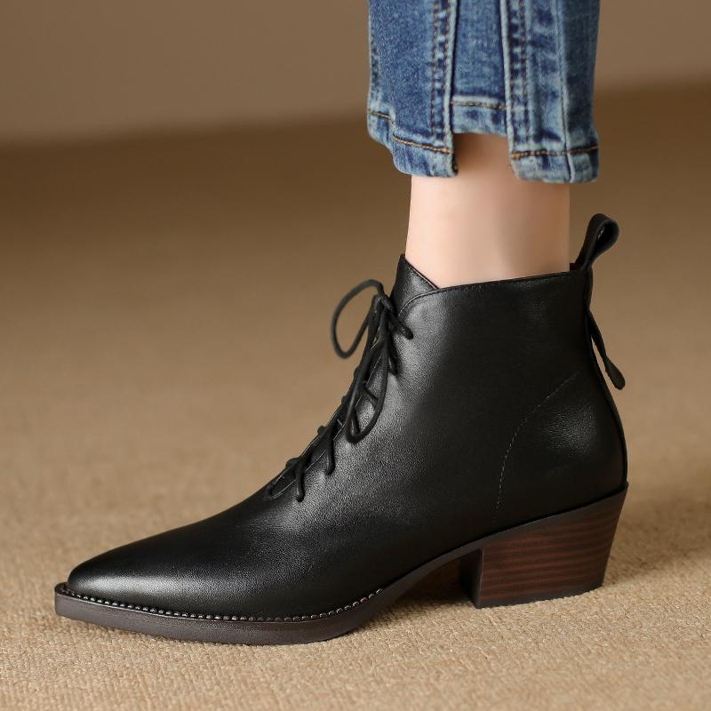 Women Boots Genuine Leather Women's Ankle Boots Zipper Lace Up Pointed Toe Block Heel Western Boots Autumn Winter Womens Shoes