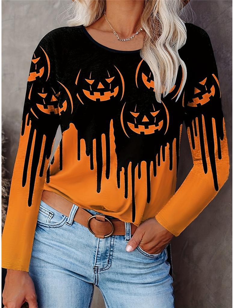 Fashion Women's T shirt Tee Ombre Print Halloween Casual Holiday Fashion Long Sleeve T-shirt O-Neck Yellow Sweatshirt Pullover