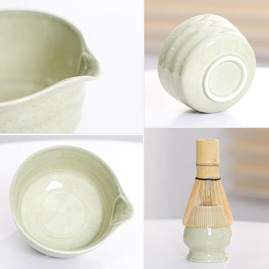 Matcha Set Match Bowl with Spout and Matcha Whisk Holder Whisk Tea Set Includes and Bamboo Scoop Ceramic 17 OZ - 4pc Perfect Matcha Kit for Matcha