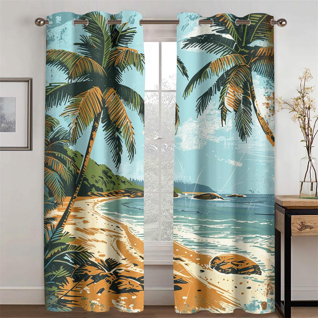 3D Palm Tree Sea Coast Retro Sea View Curtains Beach Sunset Living Room Bedroom Kitchen Balcony Decor New Products Promo 2 pcs