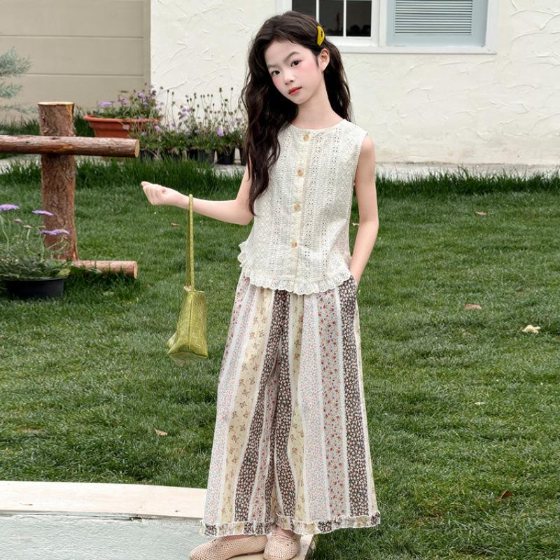 Girls 2026 Summer Sleeveless Lace Vest & Wide-Leg Pants Set 140 cm