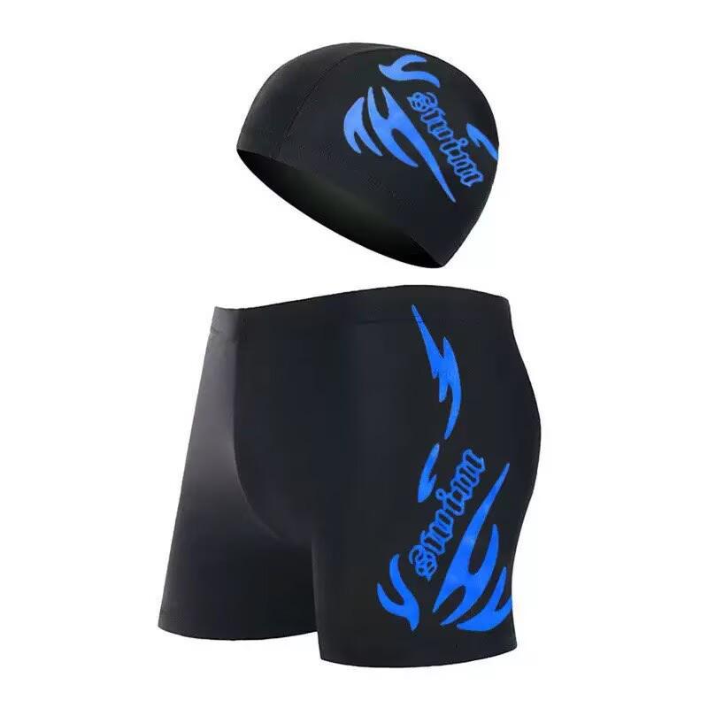 Men's Quick-Dry Boxer Swimsuit Set with Swim Cap, Plus Size, Printed Design, Ideal for Swimming and Hot Springs Sports.