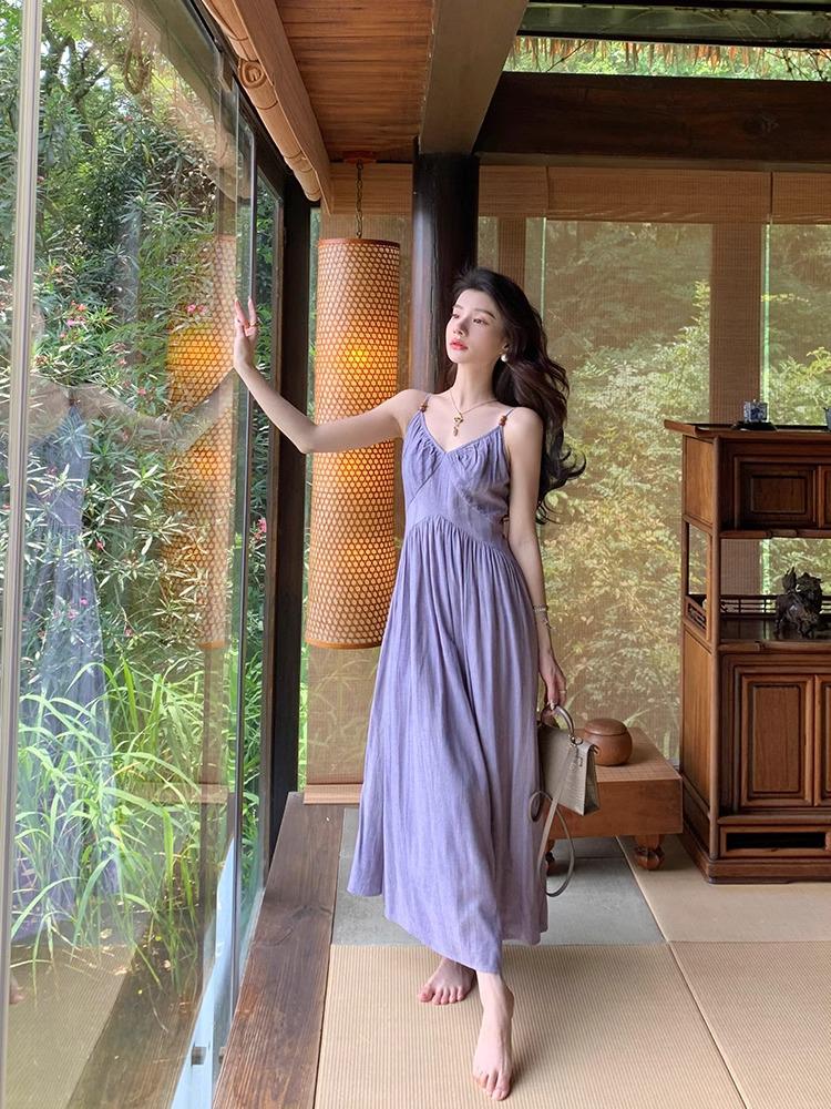 Dopamine Stunning Purple Spaghetti Strap Waist-Cinching Dress for Women's Summer Seaside Vacations