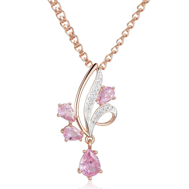 

Shiny Pink Natural Zircon Flower Pendant Necklace For Women Fashion Rose Gold Color Mix Daily Ethnic Jewelry