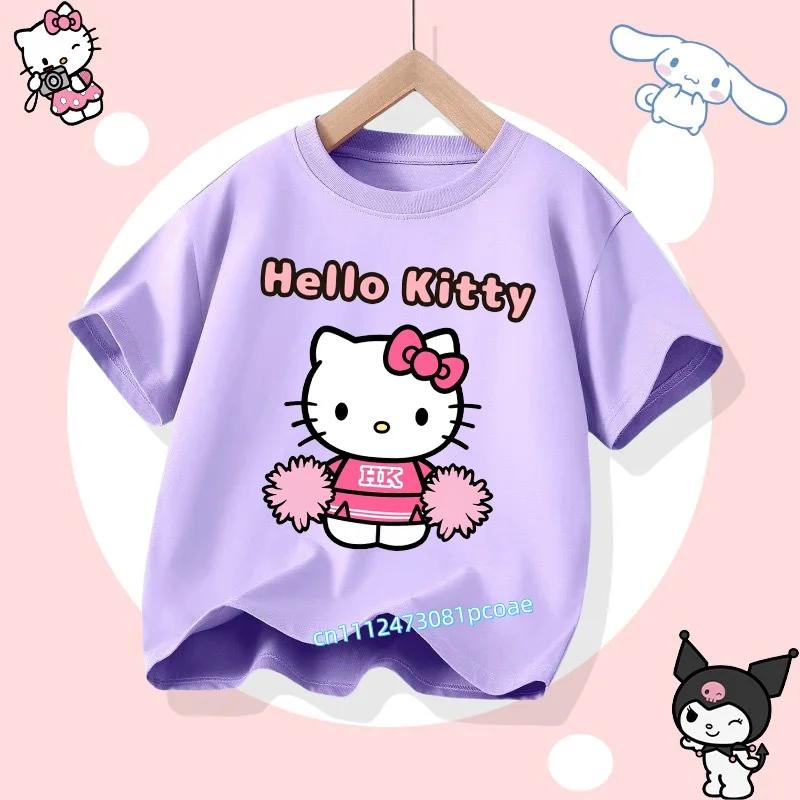 2026 Hello Kitty Summer Tshirt  Cotton ShortSleeved Girls Sportswear with Cartoon Print for Children Aged 112 Years Old