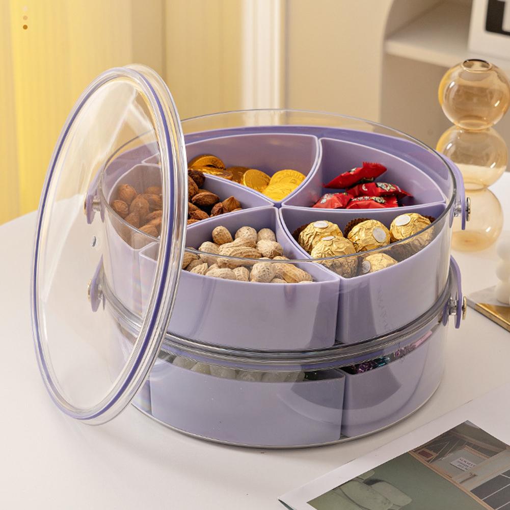 Portable Round Plastic Fruit Tray with Lid and Handle Snack Box Container Multipurpose Serving Tray for Candy Fruit Nuts Snack