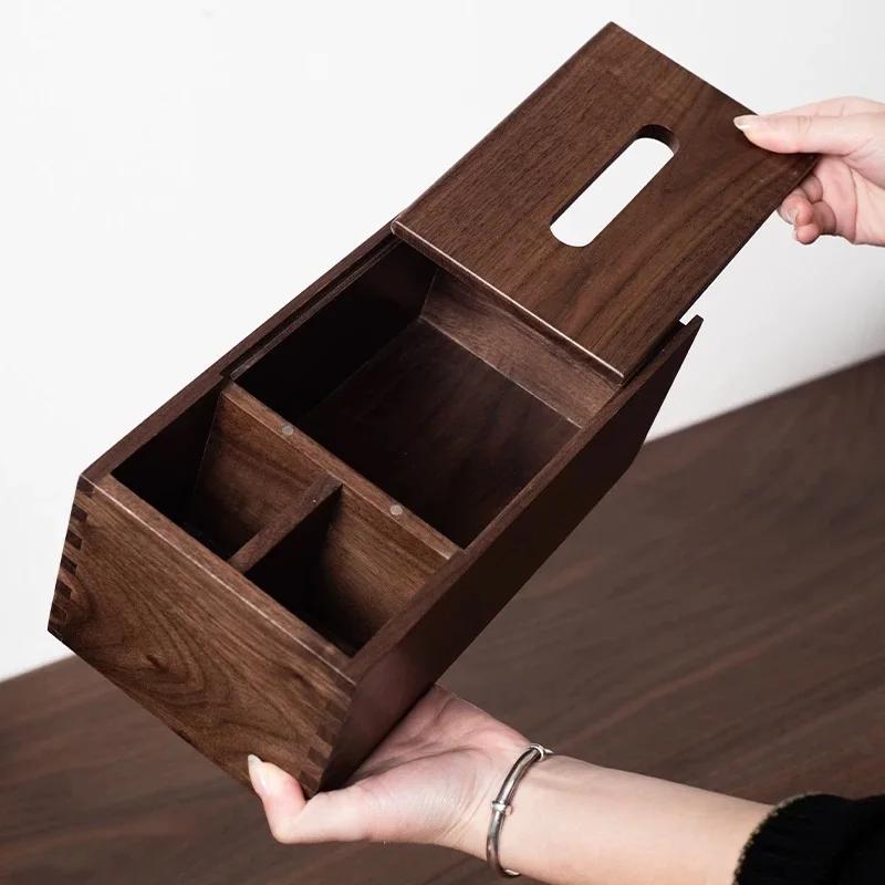 Black Walnut Multifunctional Tissue Box, Living Room Solid Wood Desktop Storage Supplies, Remote Control Storage Tissue Holder