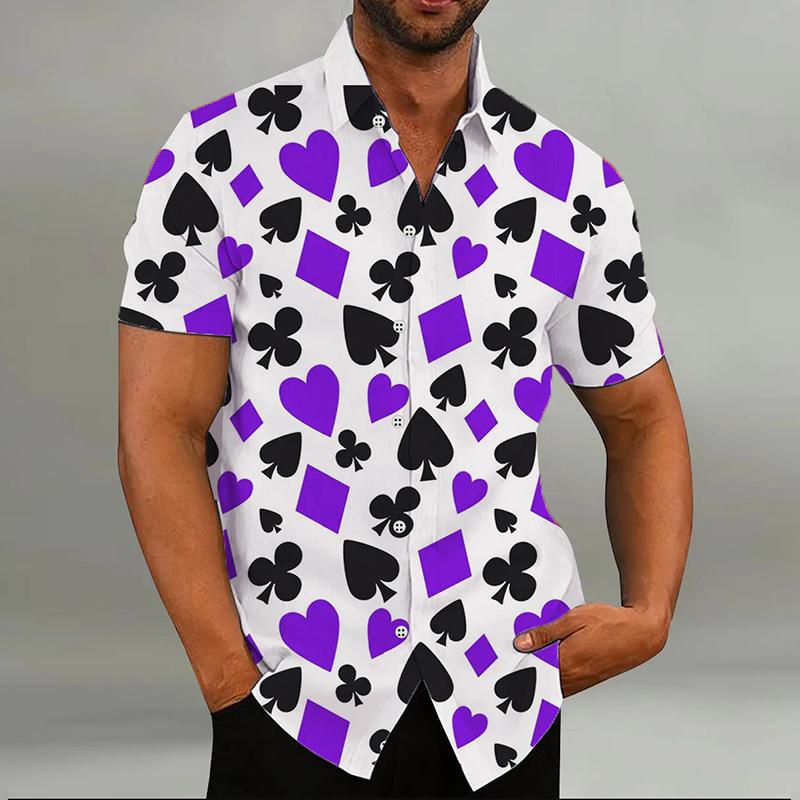 Huiteng4 Mode Herenoverhemd Speelkaarten 8 Kleuren Harten Schoppen 3D-print Revers Korte Mouw Outdoor Straat Casual Herenkleding 5XL