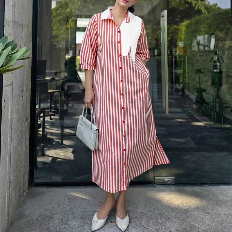 ZANZEA Women Casual Turn Down Collar Loose 3/4 Sleeve Stripe Dress