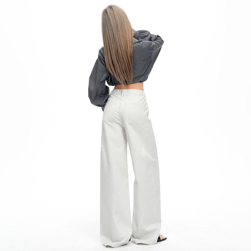 Spring Summer Premium Gray White High Waist Structured Relaxed Wide Leg Saber Cut Denim Pants For Ladies Casual Pants Oversize Denim Trousers