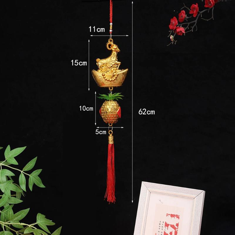 1PcsChinese New Year Golden Goat Hanging Decorations With Lucky Fu Elements Red Tassels For Spring Festival Home Wall Car Decor