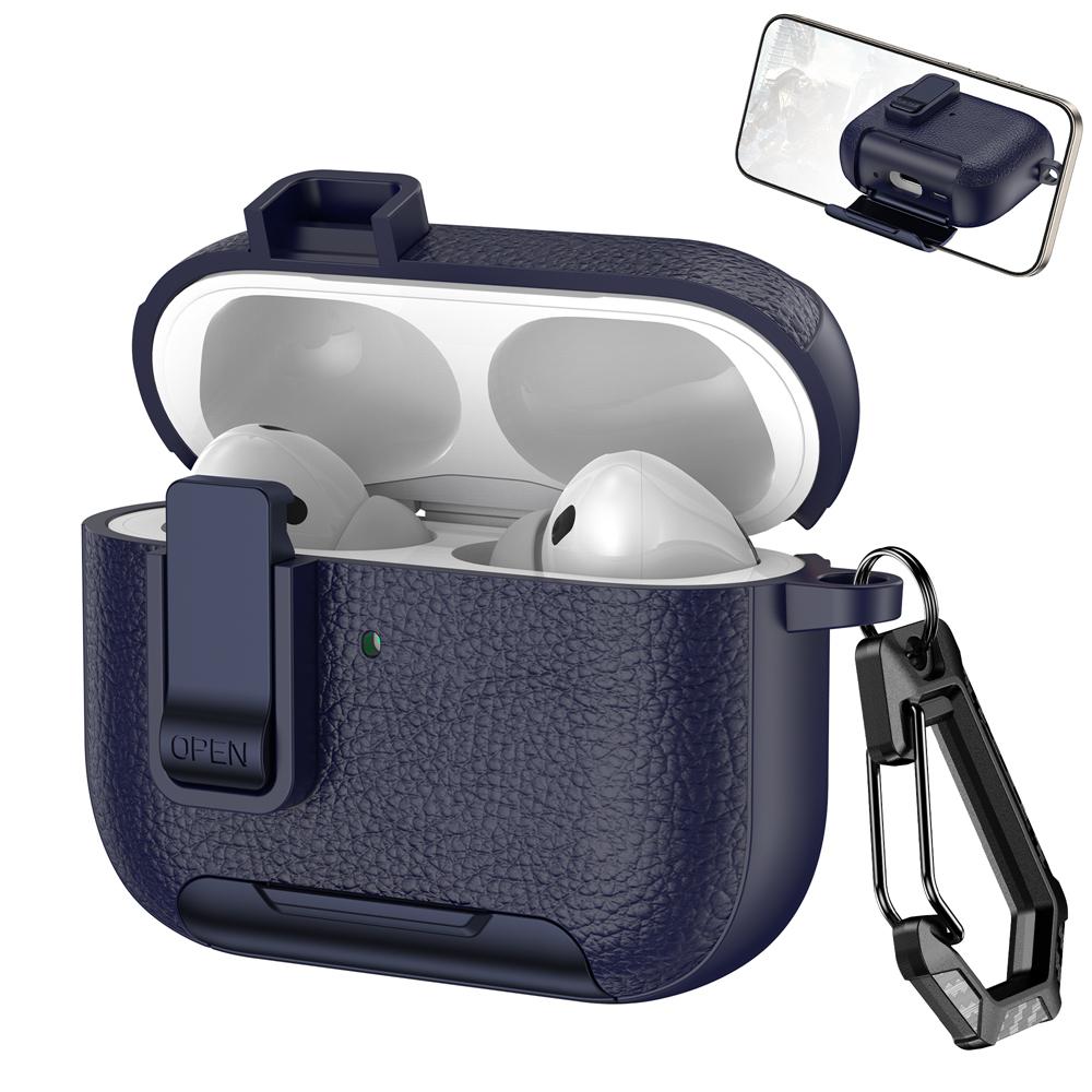 KEYSION with Carabiner Lock Phone Stand Protective Earphone Case for AirPods Pro 3 Pro 2 Soft TPU+PC Shockproof Cover for AirPods 4 3 2 1