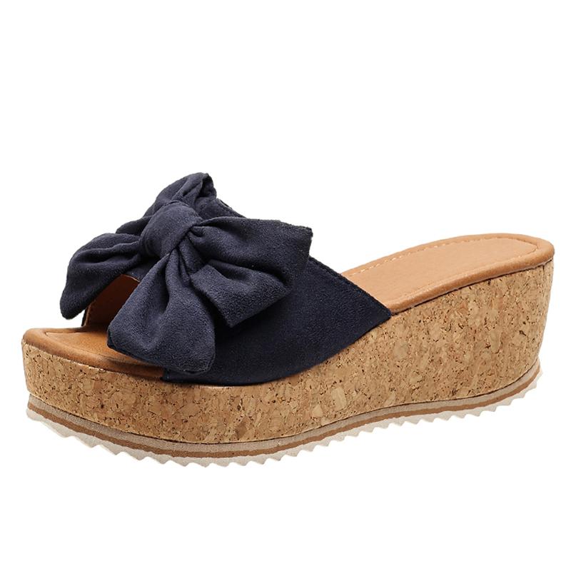 Leopard Print Bowknot Chunky Platform Wedge Sandals for Women Summer Thick Sole Slippers Plus Size Fashion Casual Walking Footwear 36
