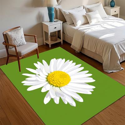 Spring Floral Area Rug Bold Green Background White Daisy Design Non-Slip Washable Mat Carpet for Housewarming Gift Fresh Decor