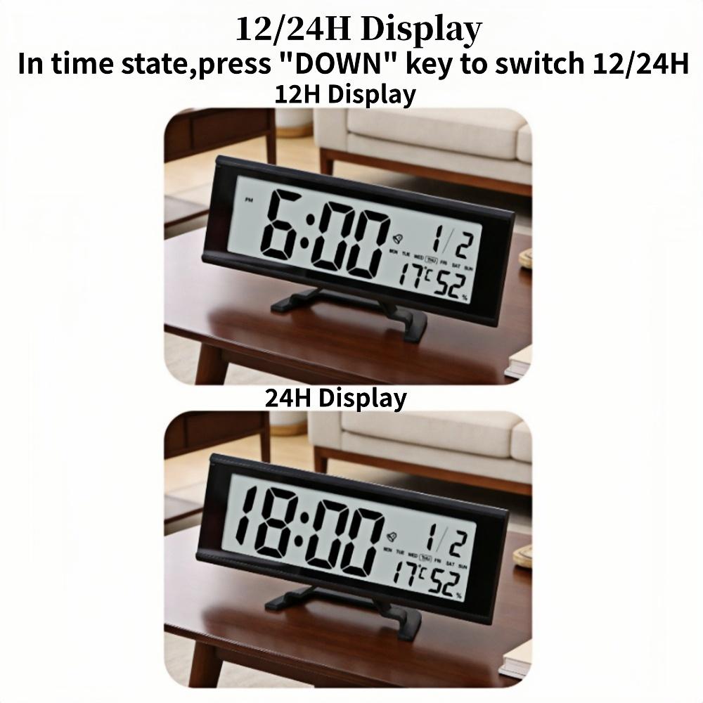 Battery Powered Large Digital Alarm Clock with Backlight Temperature Humidity Date Snooze Table Clock Dual Alarm12/24H LCD Clock