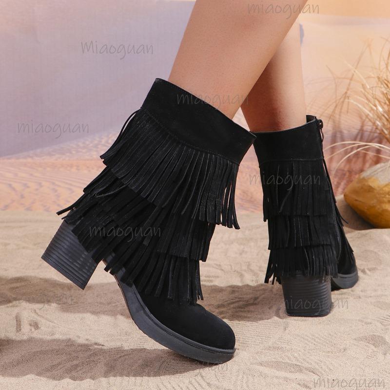 Sexy Suede Black Tassels Riding Boots Women 2025 Winter Side Zipper High Heel Western Cowboy Boots Bota Feminina Size35