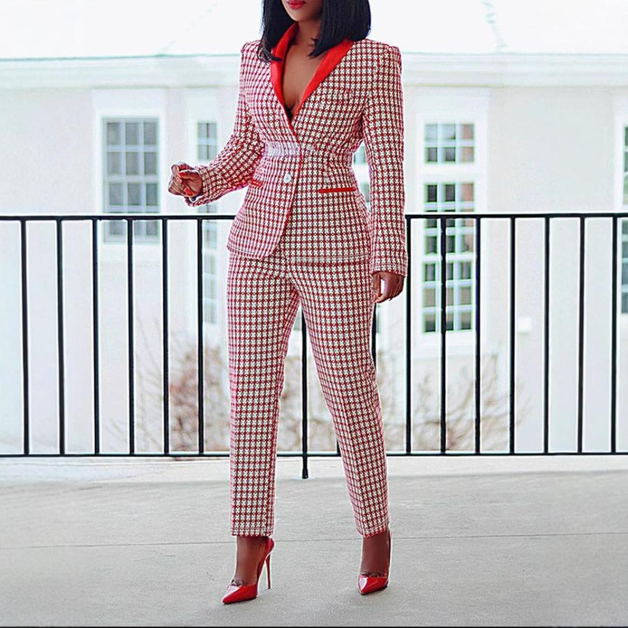 

Women s Plaid Commute Suit Set - Long Sleeve Blazer Jacket + Pants Two Piece Outfit XXL червоний