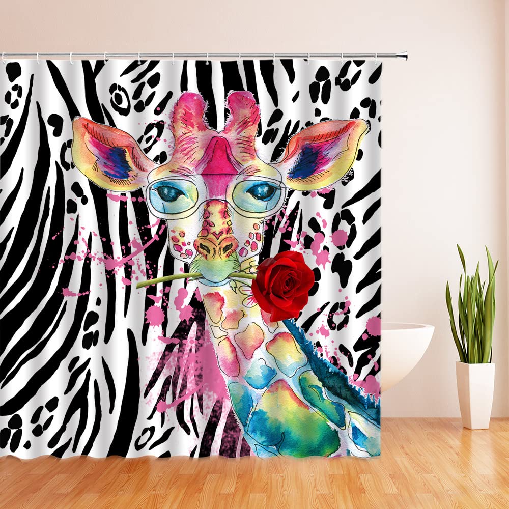 Funny Animal Shower Curtain Giraffe Jungle Safari Tropic African Wildlife Black And White Modern Designer Cool Bathroom Decor