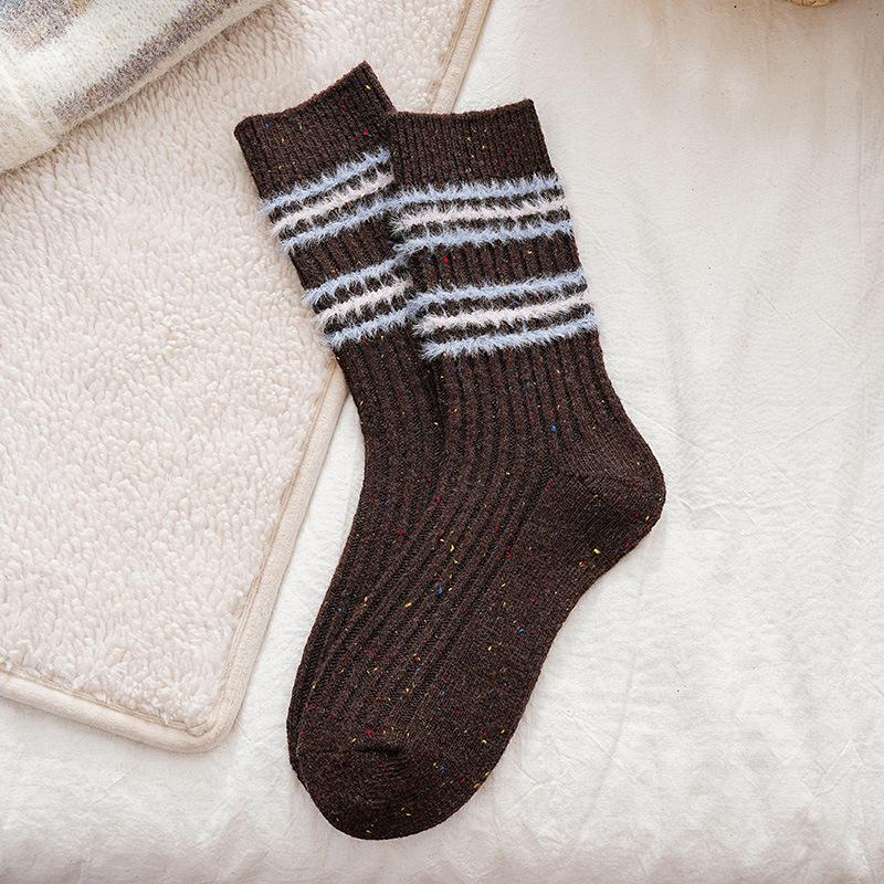 Chaussettes en Laine Rayées Pelucheuses Style Coréen - Femme Couleur Café Épaisses Chaudes en Polaire pour l'Automne Hiver