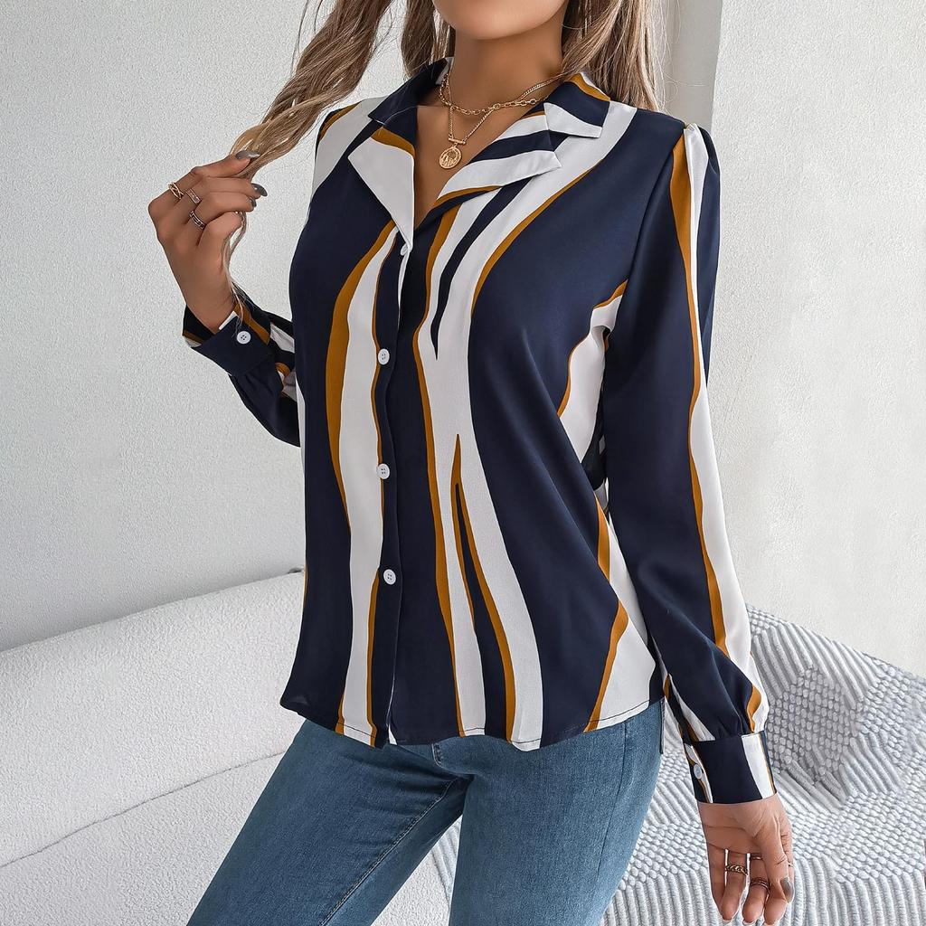 Women's And Winter Casual All- Contrasting Color Striped Suit Collar Long-sleeved Shirt