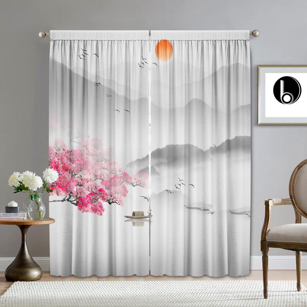 2Pc Home Decoration Curtains With Landscape Background And Pole Pocket Curtains, Kitchen, Coffee Shop, Living Room, Balcony