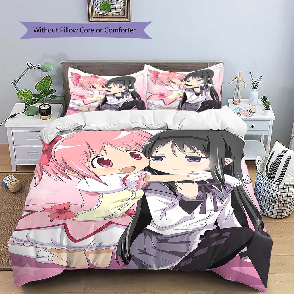 Puella Magi Madoka Magica Vzorované povlečení, Sada přikrývek Povlak na přikrývku Povlak na polštář Domácí dárek k narozeninám (1 * povlak na peřinu + 2 * povlak na polštář, bez jádra)
